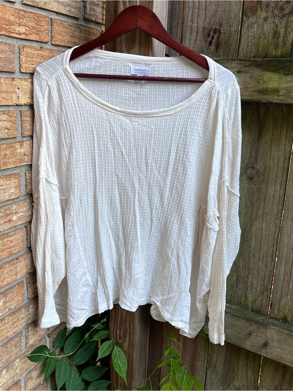 True Craft Ivory Waffle-Knit Long Sleeve Boho Oversized Top